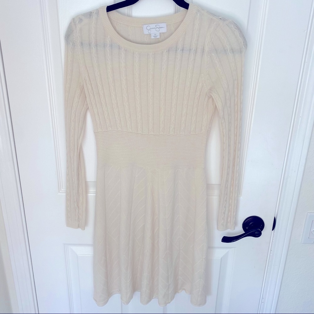 Jessica Simpson Long Sleeve Dress Knit White Cream Medium Length XS